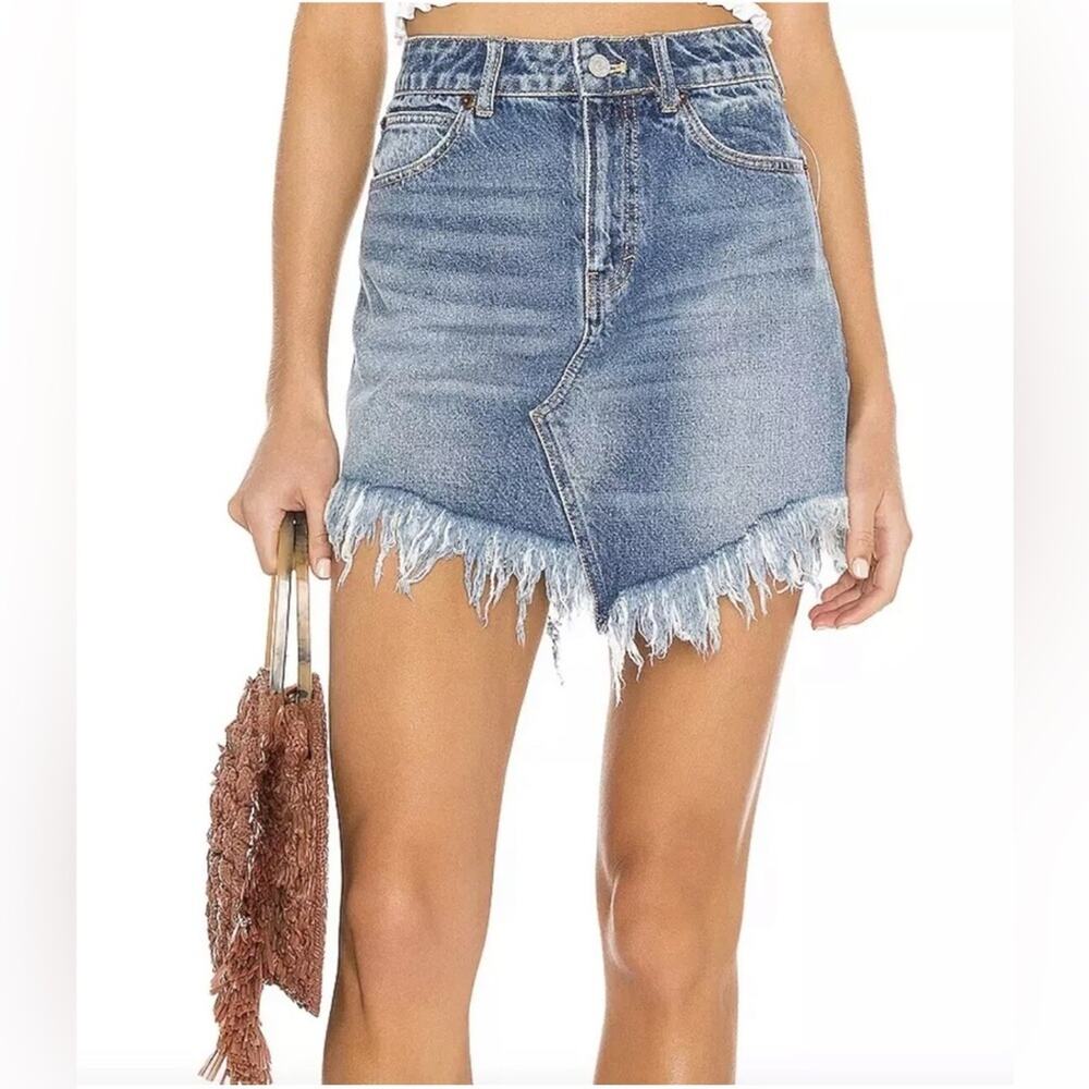 Free People Bailey High Rise Frayed Hem Blue Denim Mini Skirt size 28